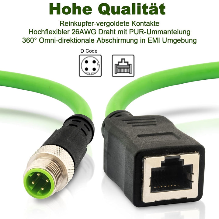 M12 D-Code 4-polig auf RJ45 Kabel (1m), Industrial Ethernet Cat5e Patchkabel, Stecker zu Buchse, IP6