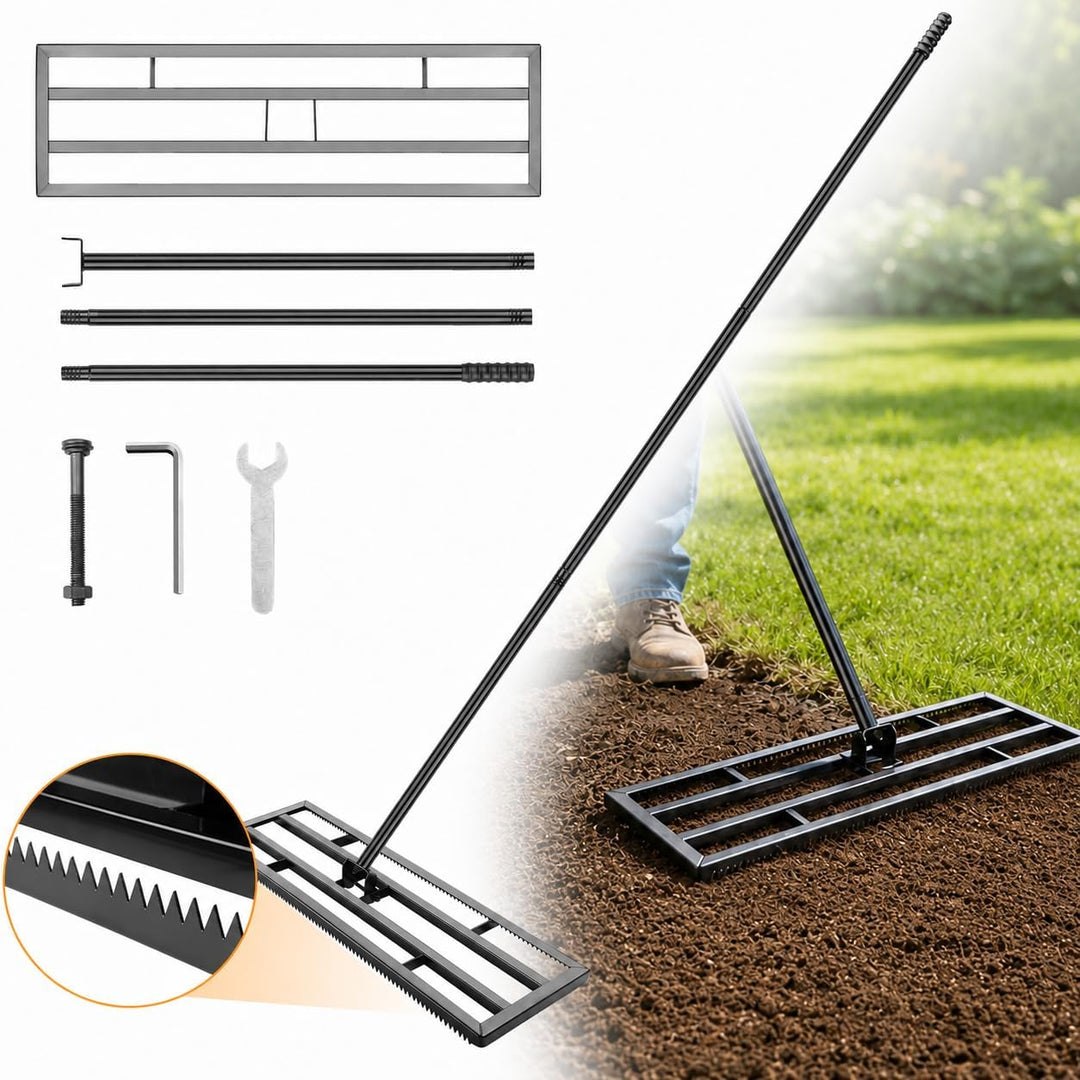 Rasen Nivellierrechen 81x25cm mit Gezahnte Seite und 199 cm Langer Griff, 2-In-1 Rasen-Nivelliergera