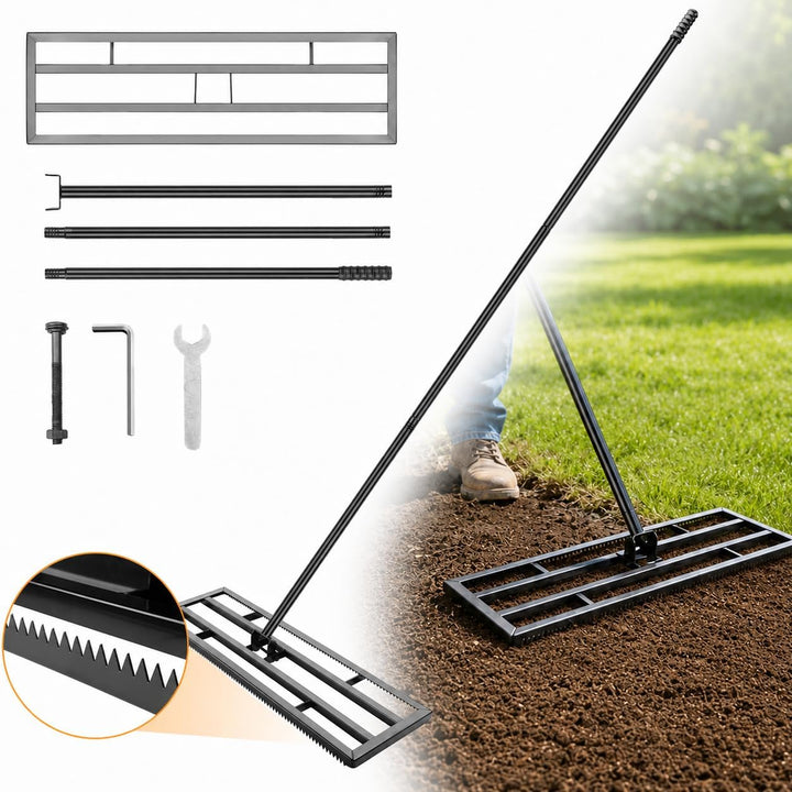 Rasen Nivellierrechen 81x25cm mit Gezahnte Seite und 199 cm Langer Griff, 2-In-1 Rasen-Nivelliergera