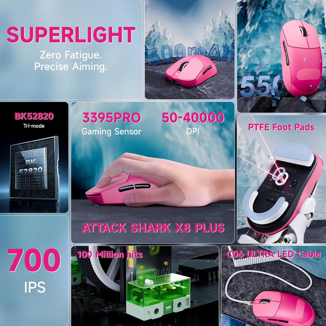 ATTACK SHARK X8 Serie Kabellose Gaming-Maus, 55–65 g Superleicht, PixArt PAW3395/3950 Sensor, BT/2.4