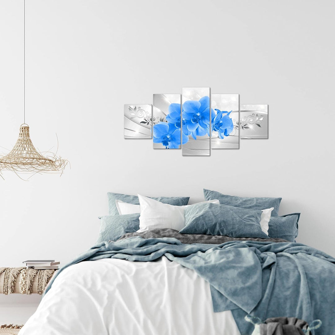 Runa Art Wandbilder Blumen Orchidee 5 Teilig Bild auf Vlies Leinwand Deko Wohnzimmer Silber Blau 210