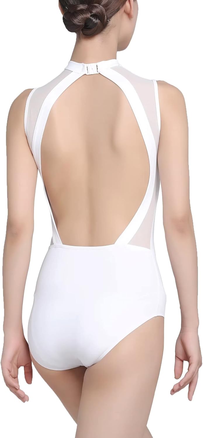 s.lemon Nackennetz Rückenfrei Gymnastik Trikots Ballett Tanz Trikots für Damen,mit BH Pad XS Weiss,