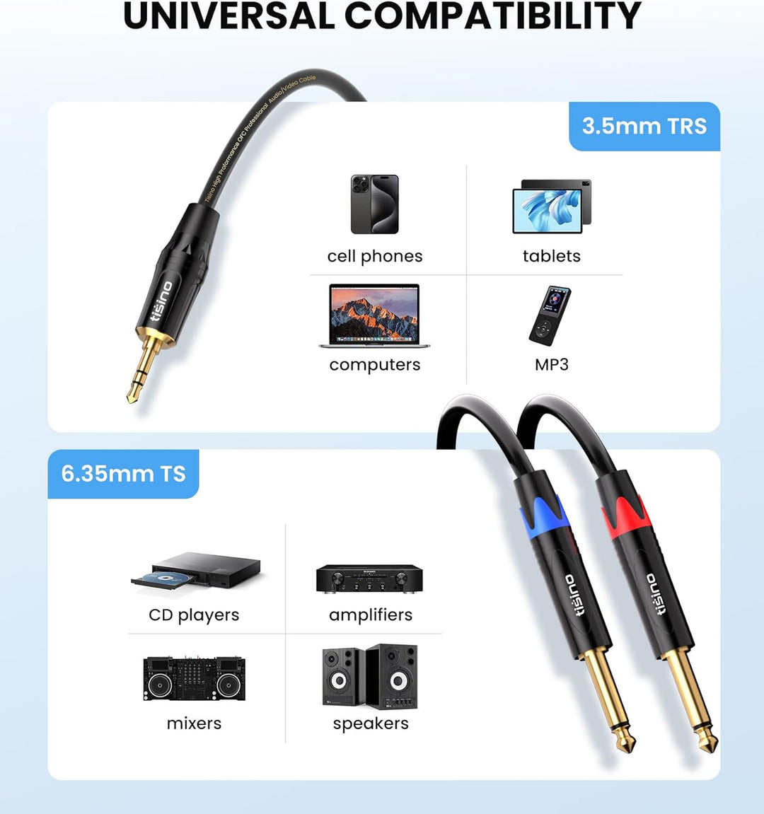 Tisino 3,5 mm auf 6,35 mm Stereo-Kabel, Mini-Klinkenstecker TRS Stereo auf Dual 6,35 mm TS Mono Y-Sp