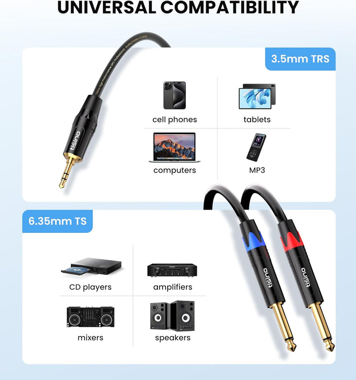 Tisino 3,5 mm auf 6,35 mm Stereo-Kabel, Mini-Klinkenstecker TRS Stereo auf Dual 6,35 mm TS Mono Y-Sp