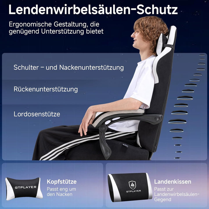 GTPLAYER Gaming Stuhl, Ergonomischer Gamer Stuhl aus Stoff mit Lendenwirbelstütze, PC-Stuhl mit verb
