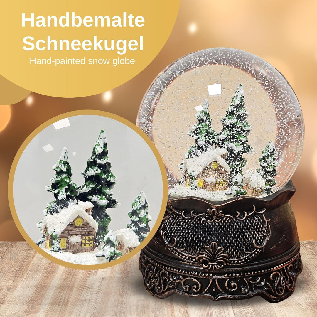 Schneekugel Weihnachten Spieluhr | Hüttenzauber Berghütte | Sockel Kupfer antik | Höhe: 140mm, Breit