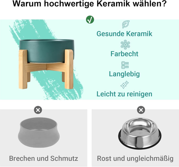 SPUNKYJUNKY Hundenapf Keramik Erhöhter Futternapf Set mit Bambus Ständer für Katzen und Hunde (400ml