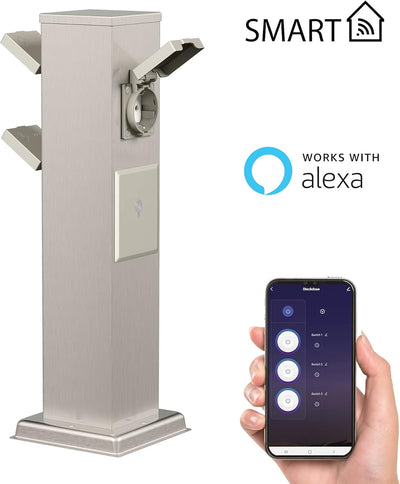 ledscom.de 3X Garten Steckdosensäule Polly für aussen, IP44, Smart Home, WLAN, Alexa, 3-Fach, Edelst