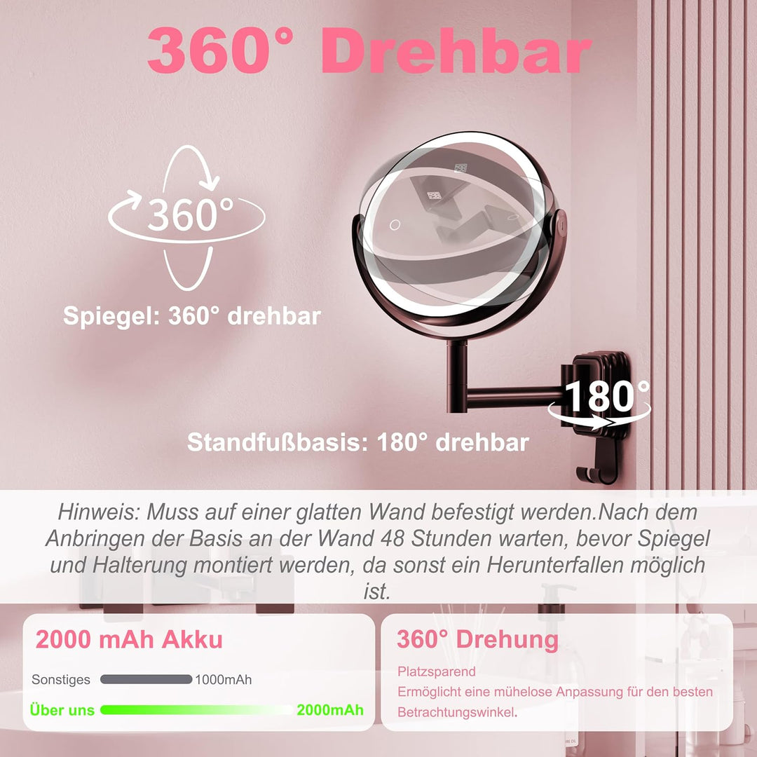 AIMAX Kosmetikspiegel mit Beleuchtung, 2000mAh Wiederaufladbarer Wandspiegel mit 1X &amp; 10X Vergrösser
