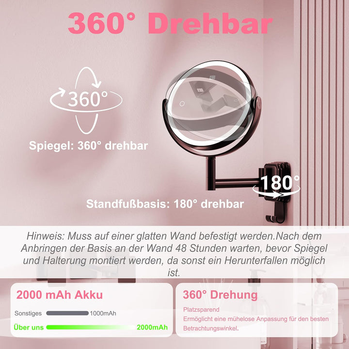 AIMAX Kosmetikspiegel mit Beleuchtung, 2000mAh Wiederaufladbarer Wandspiegel mit 1X &amp; 10X Vergrösser