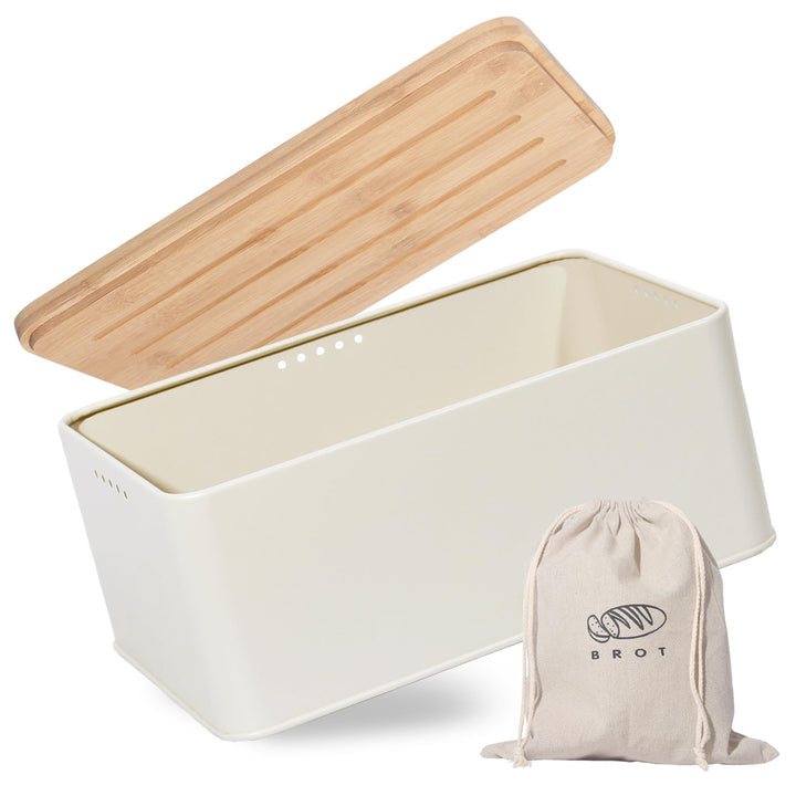 Theo&Cleo Brotkasten mit Schneidebrett , 33x21x15cm , Matte Brotbox mit Bambusdeckel und Leinen Brot