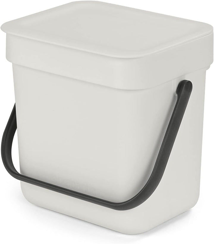 Brabantia Sort & Go Abfalleimer mit Deckel 3 L (hellgrau), platzsparender Biomüll Behälter mit Griff