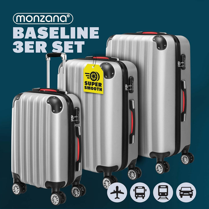Monzana® 3tlg. Kofferset Baseline Hartschalen Koffer M-L-XL Gel-Griffe 4 Rollen Kantenschutz Schloss