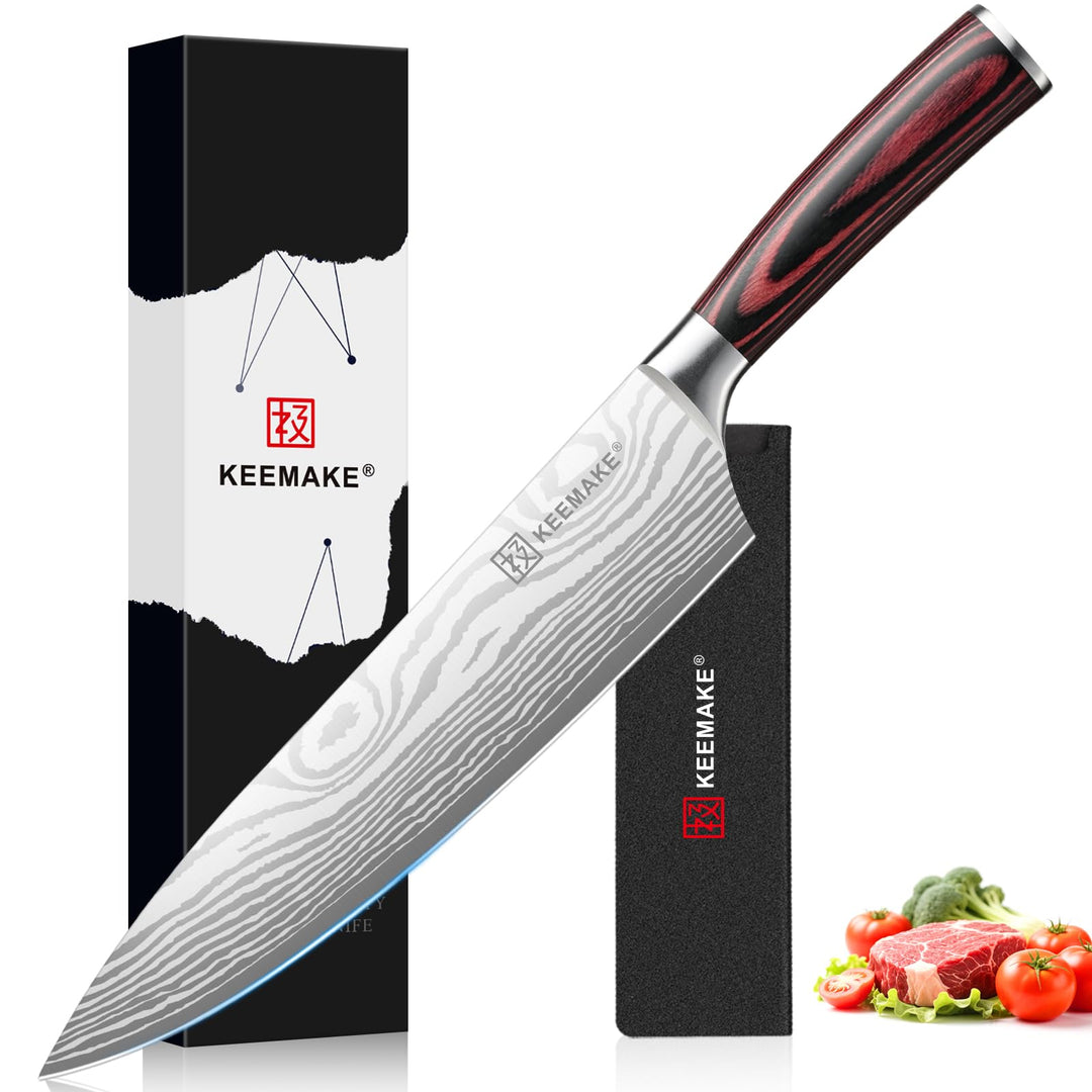 KEEMAKE Küchenmesser Kochmesser 20cm, Profi Messer Küche aus Edelstahl mit Klingenschutz, Scharf Fle