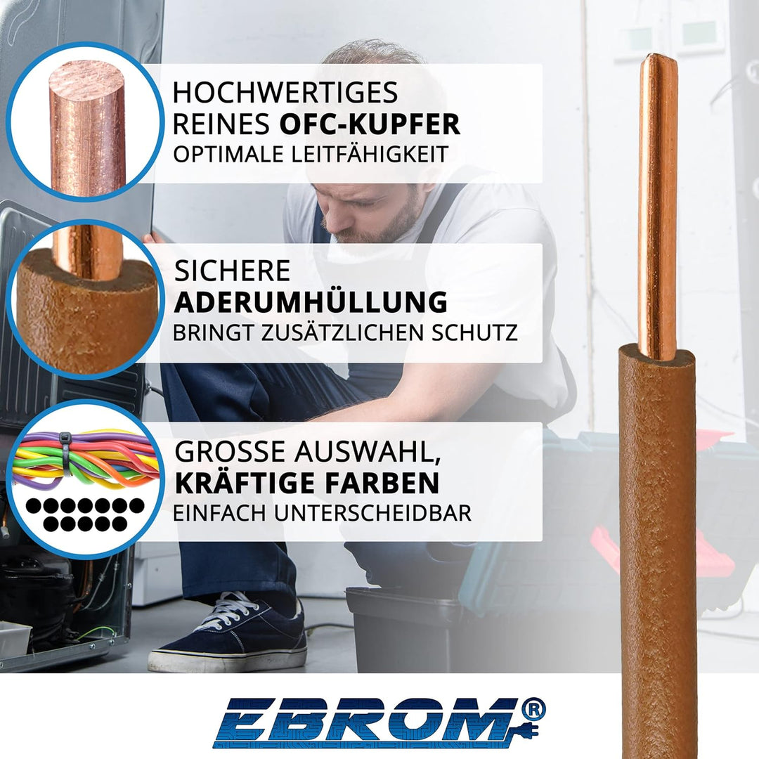 EBROM - 10 Meter Aderleitung eindrähtig - Einzelader - Verdrahtungsleitung starr - PVC Leitung - H07