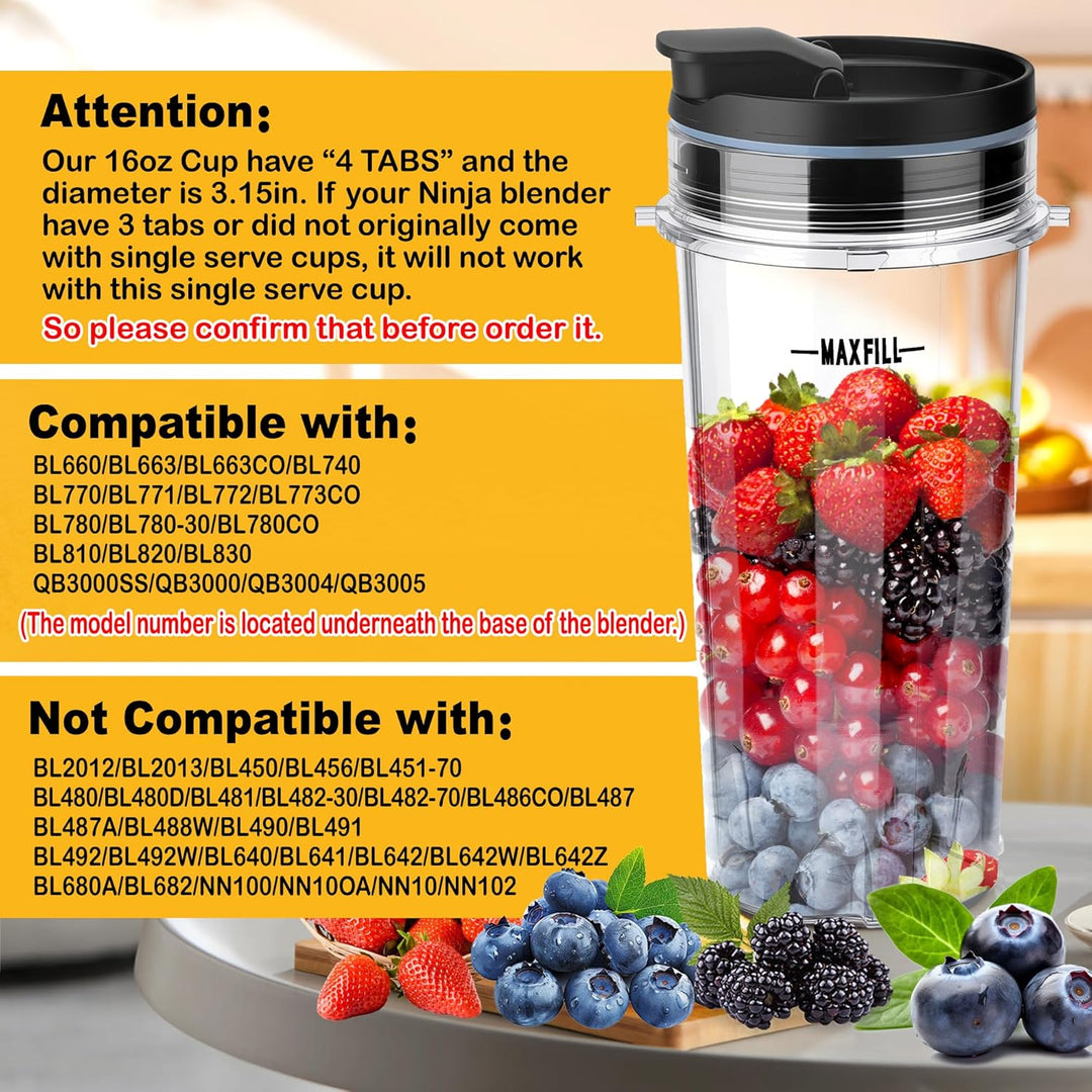 2Pcs Ersatz 16oz Blender Tassen mit 4Pcs Sip & Seal Deckel für Ninja, Single Serve Blender Cup für B