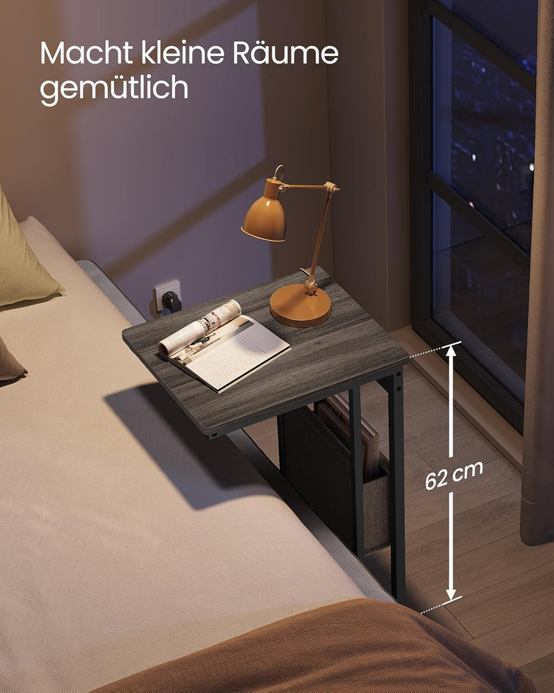 VASAGLE Beistelltisch, Sofatisch mit Ladestation, C Form, Couchtisch klein, Stofftasche, verstellbar