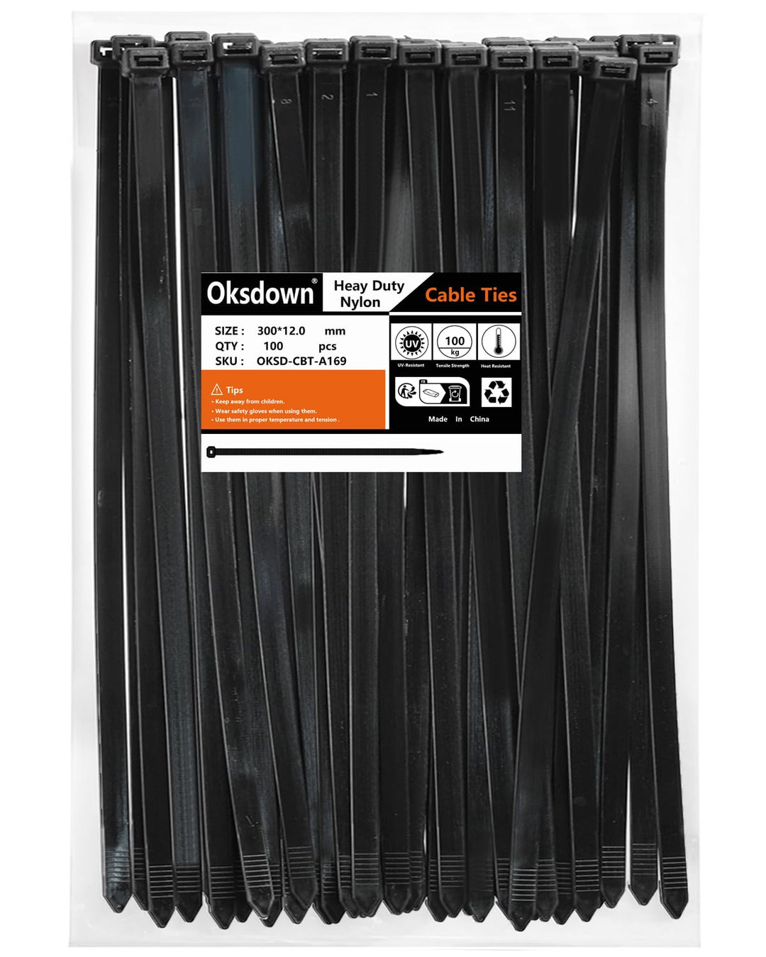 Oksdown 300mm × 12,0mm Breit 100 Stück Extra Stark Kabelbinder mit 100 kg Zugfestigkeit Schwarz UV-B