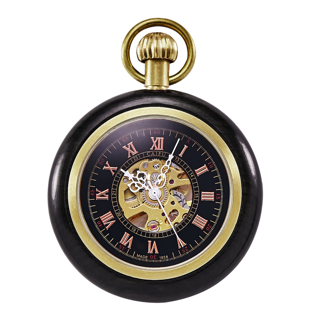 TREEWETO Unisex Holz Taschenuhr mit Kette Analog Handaufzug Skelett Römische Ziffern Schwarz