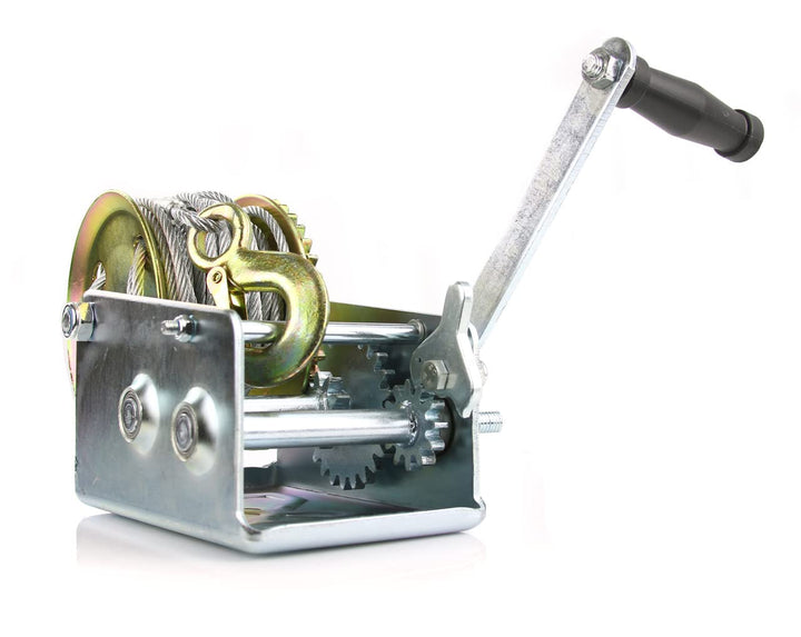 Seilwinde mit Handkurbel, 1136 kg, 2500 lbs, Stahlseil 10 m, 2 Gänge, Haken zum Verschliessen | Sich