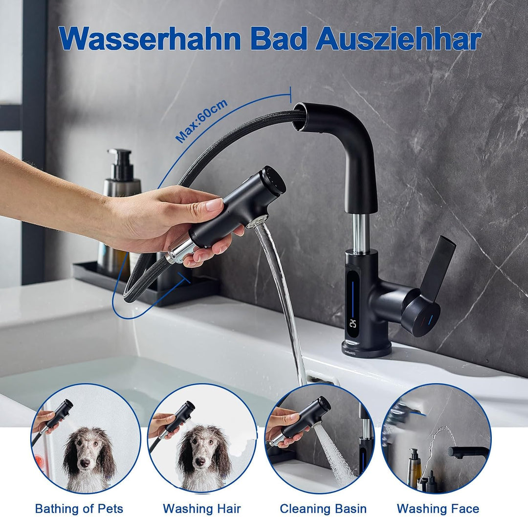Waschtischarmatur mit LED Temperaturanzeige Ausziehbar Wasserhahn Bad,Einhebelmischer Badarmatur Was