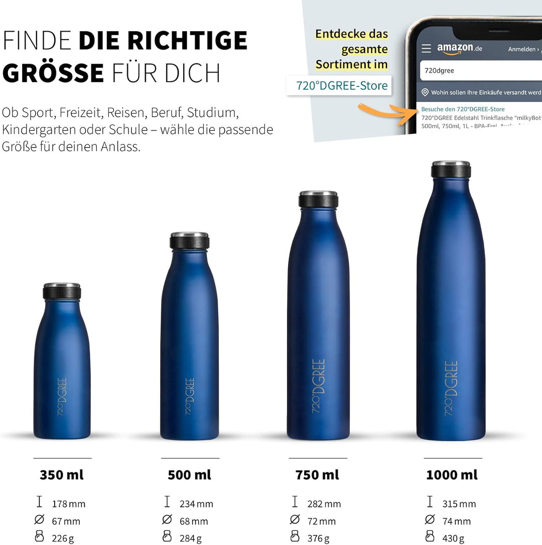 720°DGREE Edelstahl Trinkflasche “milkyBottle” - 1L - BPA-Frei, Auslaufsicher, Kohlensäure geeignet