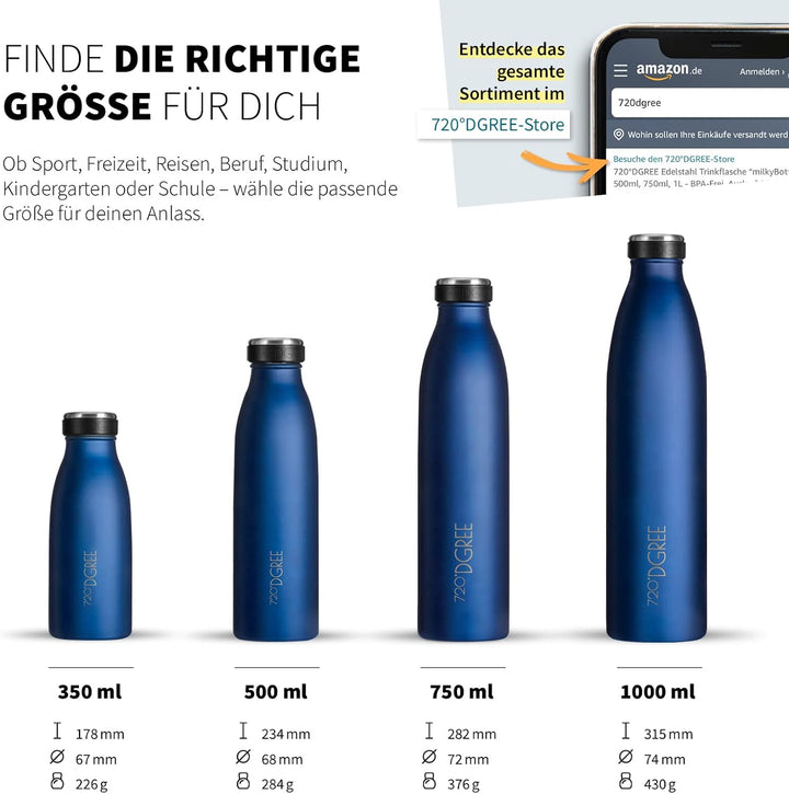 720°DGREE Edelstahl Trinkflasche “milkyBottle” - 1L - BPA-Frei, Auslaufsicher, Kohlensäure geeignet