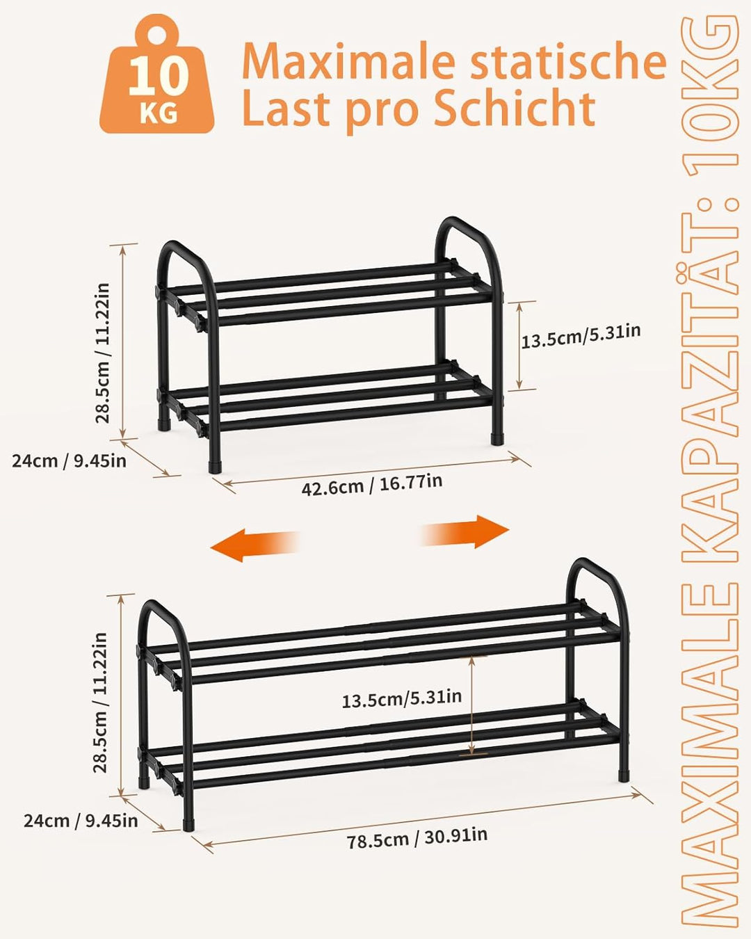 Ausziehbares Schuhregal, 2 Ebenen Adjustable Schuhregal Metall 43 to 78cm, Standregal Schmal Schuhab