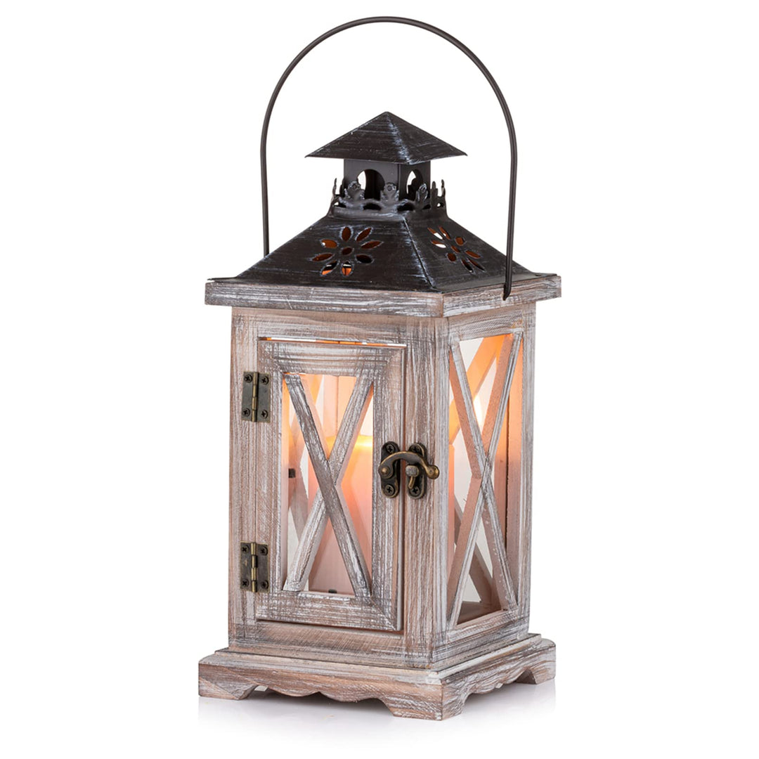 Sziqiqi Laterne Kerzenhalter Vintage Windlicht Laterne Holz Metall Dekorative Windlichthalter für Dr