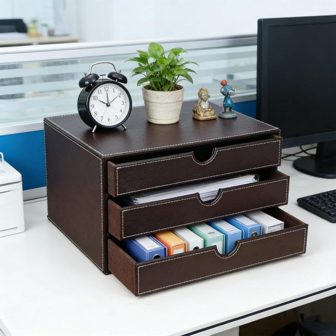 Desktop Leder Schreibtisch Schubladenbox mit 3 Schubladen a4,Aufbewahrungsbox,PU-Leder Schreibtisch