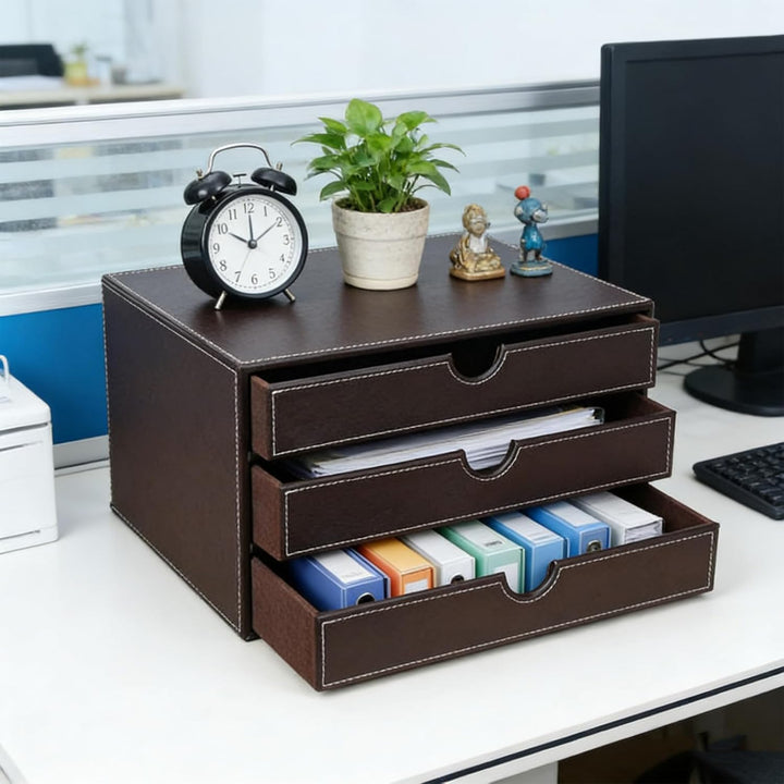 Desktop Leder Schreibtisch Schubladenbox mit 3 Schubladen a4,Aufbewahrungsbox,PU-Leder Schreibtisch