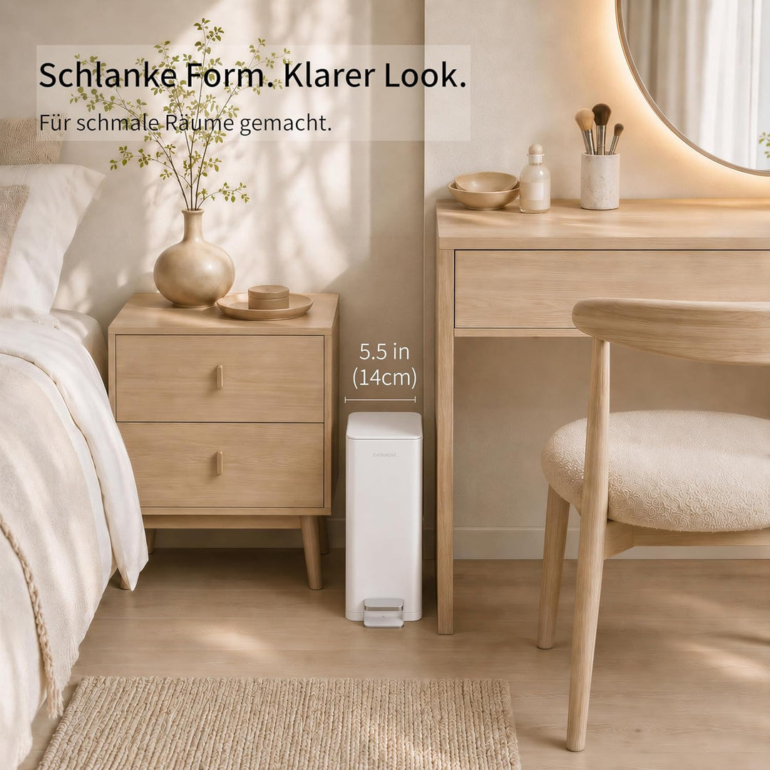 EverGrove 10L schmaler Edelstahl Mülleimer mit Pedal, Soft‑Close Deckel und Geruchsfilter, Slim Bade