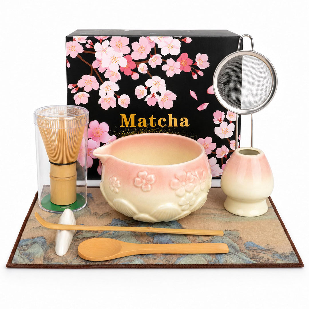Matcha Set, 8-teilig mit 550ml Keramikschale &amp; Chasen | 550ml Keramikschale mit Ausguss und Sakura-R