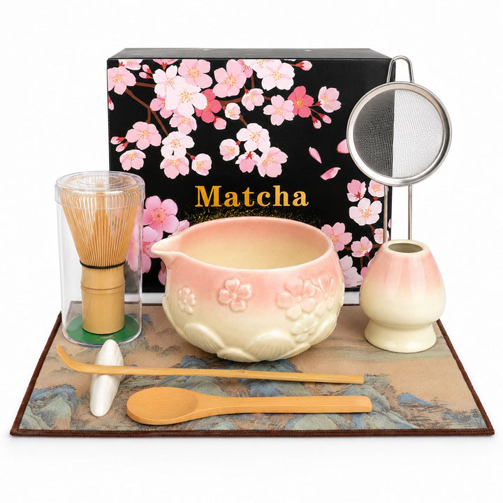 Matcha Set, 8-teilig mit 550ml Keramikschale &amp; Chasen | 550ml Keramikschale mit Ausguss und Sakura-R