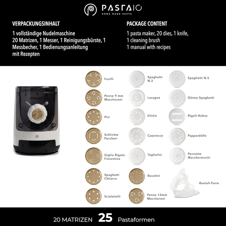 Pastaio Nudelmaschine, Master Edition, 20 Aufsätze für 25 Nudelsorten Nudelmaschine, integrierte Waa