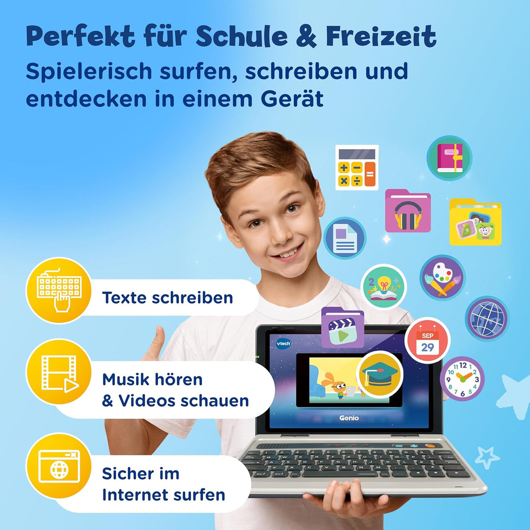 VTech Genio Lernlaptop – Lerncomputer mit Internetzugang, Textprogramm und Lerninhalten zu Buchstabe