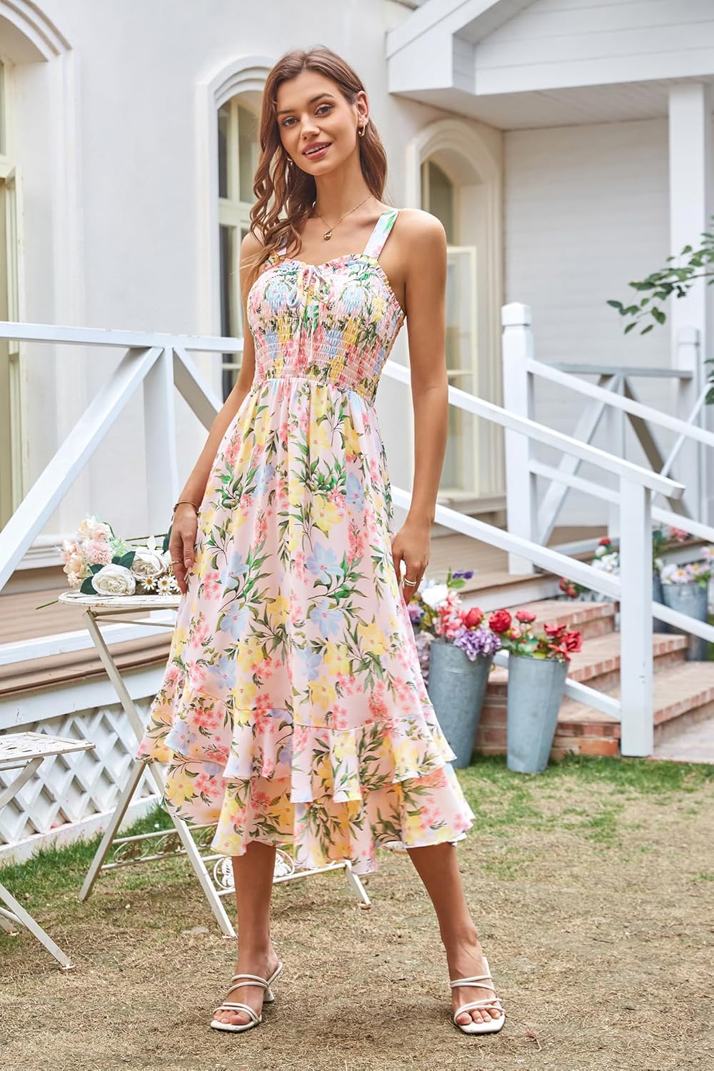 GRACE KARIN Damen langes Blumenkleid Ärmellos Spaghettiträger Freizeitkleid Böhmisch Maxikleid Stran