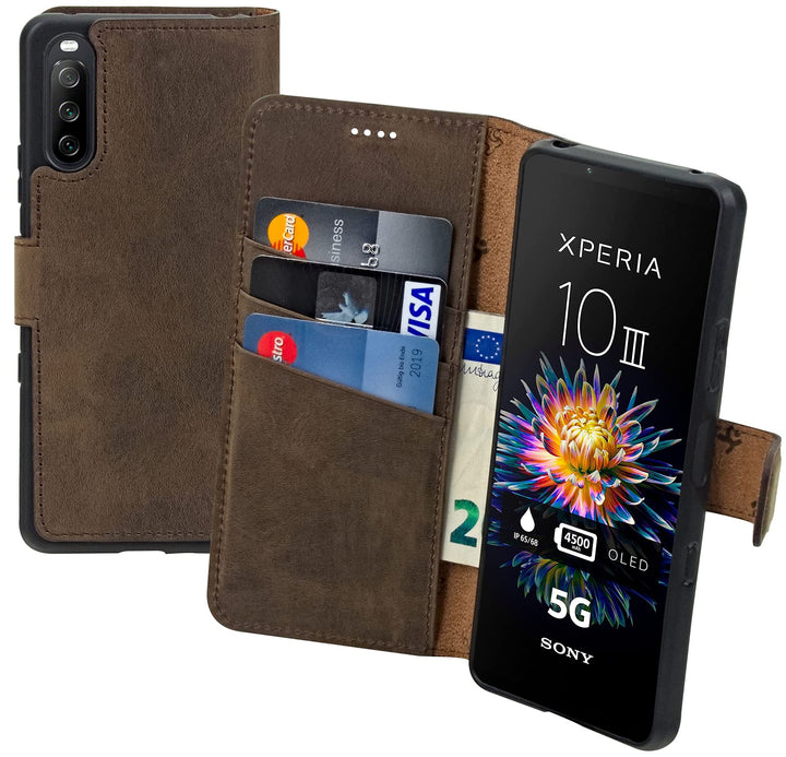 Suncase Book-Style Hülle kompatibel mit Sony Xperia 10 III 3 (2021) Leder Tasche (Slim-Fit) Lederhül