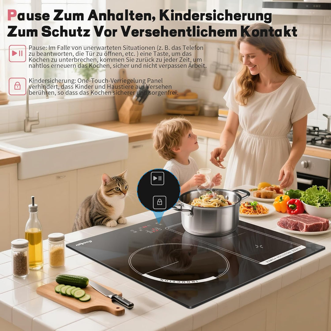 59cm Einbau Induktionskochfeld 3 Platten mit Rahmen, Cooksir Kochfeld Autark Flexzone, 6800W, FlexZo