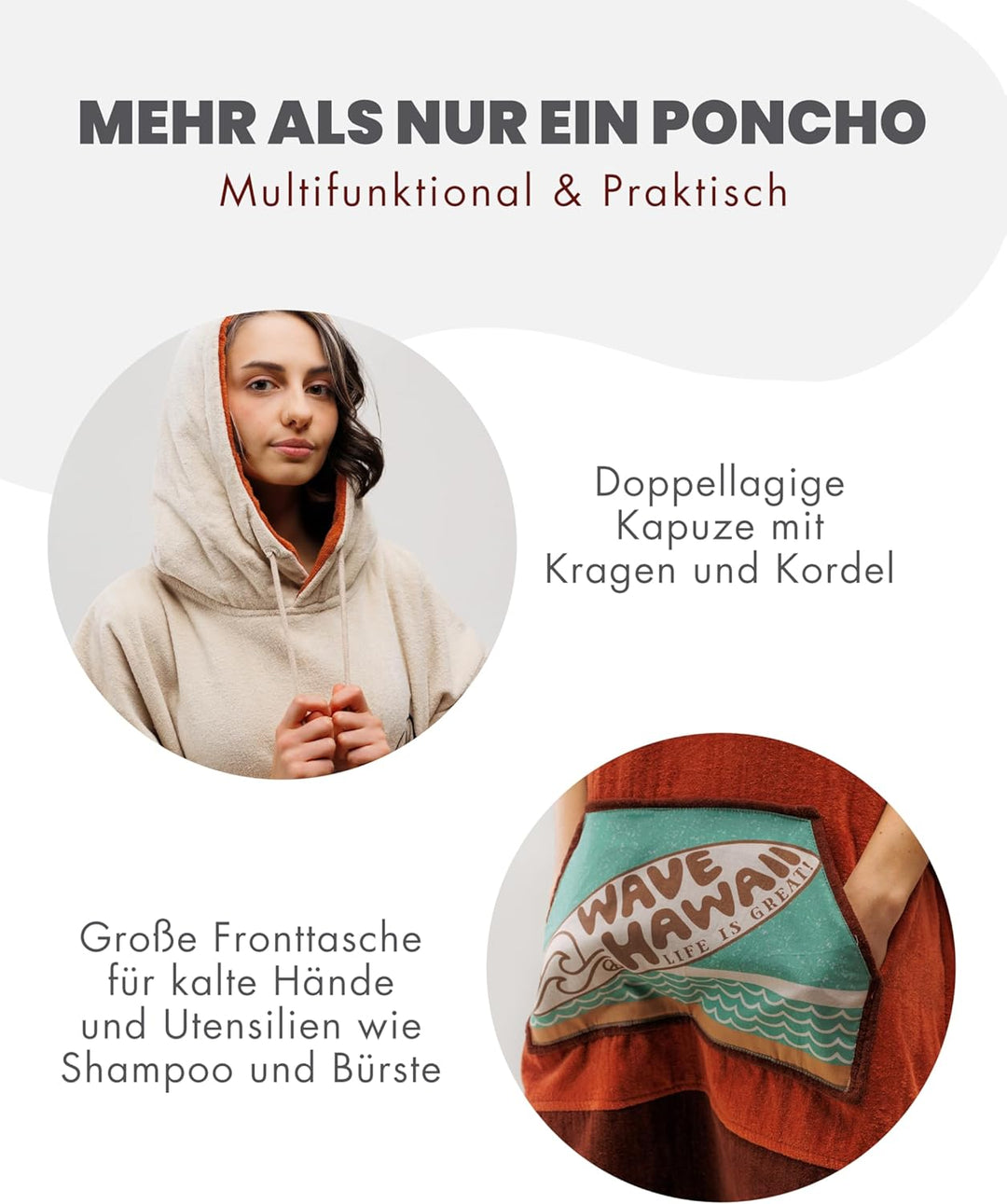 WAVE HAWAII Campeche Surfponcho für Körpergrössen von 155-185cm Poncho 100% ÖKO Baumwolle Umkleidehi