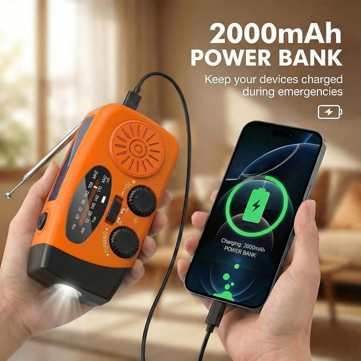Notfallradio, Kurbelradio mit 2000mAh Power Bank & Solar, AM/FM Radio mit SOS-Alarm Leselicht, Innen