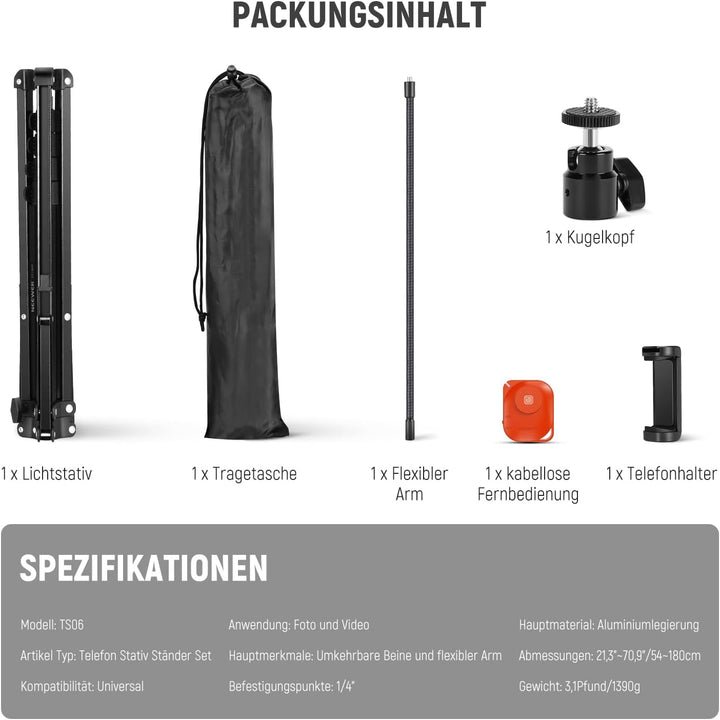NEEWER 71" Handy Stativ Ständer mit umkehrbaren Beinen, flexiblem Arm, 360° Kugelkopf, Telefonhalter