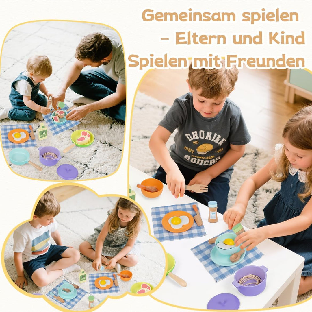 Kinderküche Zubehör Holz,Spielküche Zubehör,Puppengeschirr,Kinder Kochset Töpfe und Pfannen Set,Roll