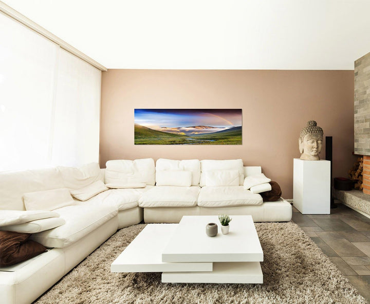 Paul Sinus Art Panoramabild auf Leinwand und Keilrahmen 150x50cm Georgien Berge Wiesen Fluss Wolkens