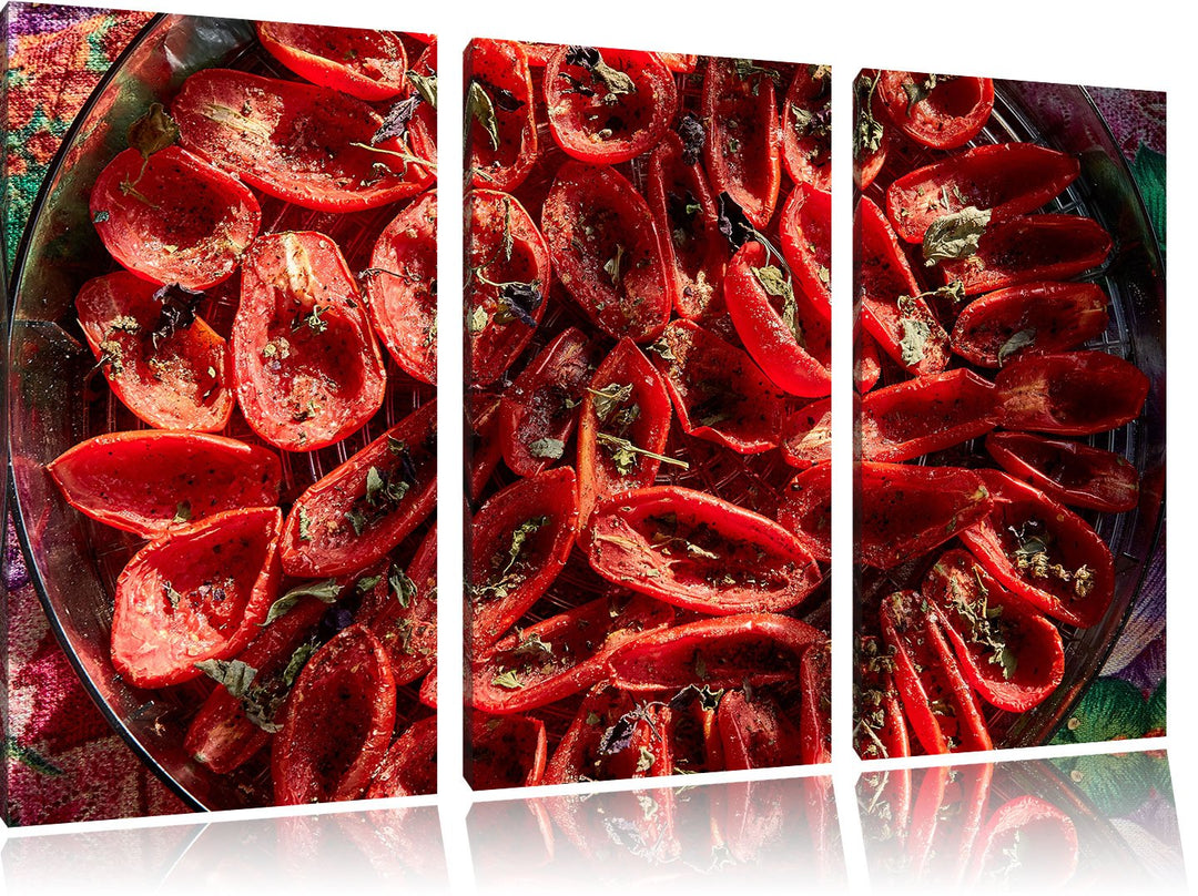 Pixxprint Tomaten Olivenöl Kräuter / 3-Teilig/Gesamtmass 120cm Leinwandbild bespannt auf Holzrahmen/