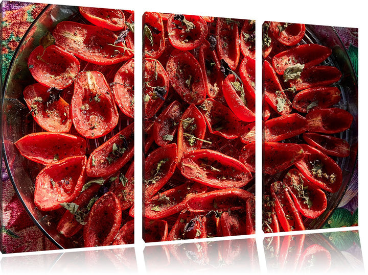 Pixxprint Tomaten Olivenöl Kräuter / 3-Teilig/Gesamtmass 120cm Leinwandbild bespannt auf Holzrahmen/