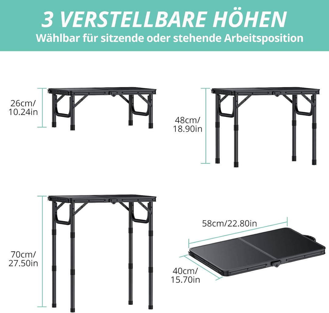 VINTEAM Campingtisch, 3-Fach höhenverstellbar, Leichter klappbarer Picknicktisch mit MDF-Platte, tra