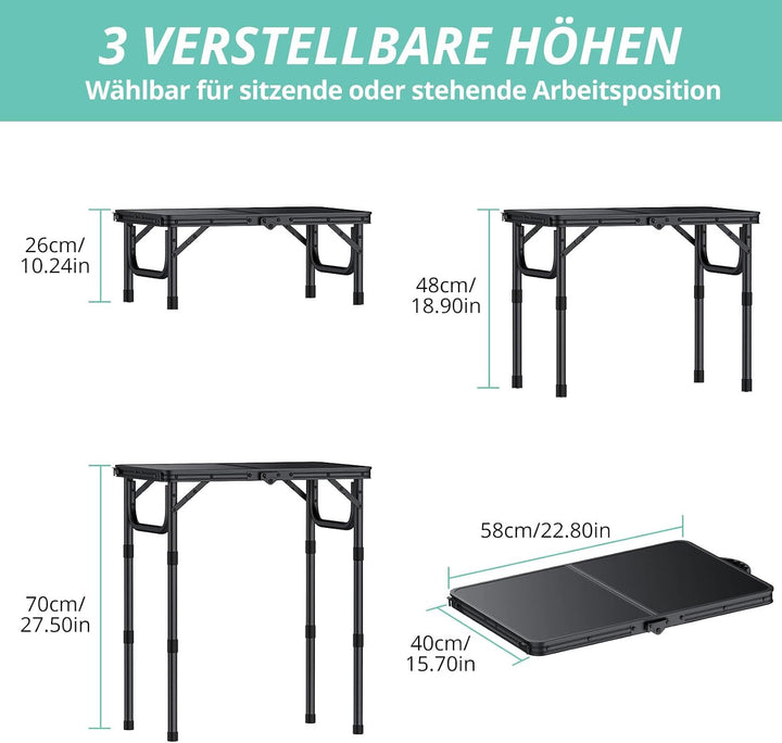 VINTEAM Campingtisch, 3-Fach höhenverstellbar, Leichter klappbarer Picknicktisch mit MDF-Platte, tra