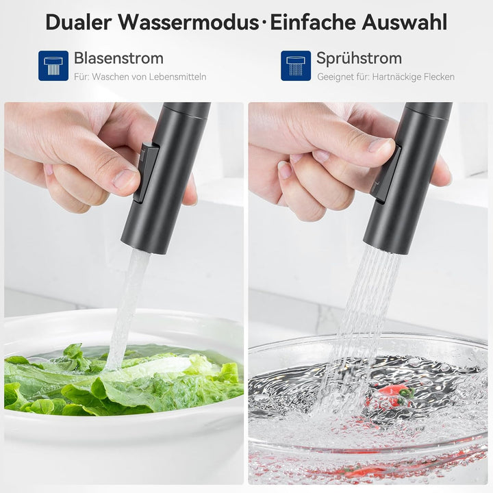 CECIPA Wasserhahn Küche Gebürstet, Flexibler Wasserhahn mit 2 Strahlarten, Küchenarmatur Schwarz 360
