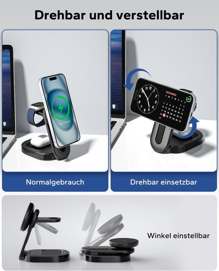 KPON Magsafe Ladestation 3 in 1 Faltbar, Induktive Kabellose Apple Ladestation, MagSafe Ladegerät fü